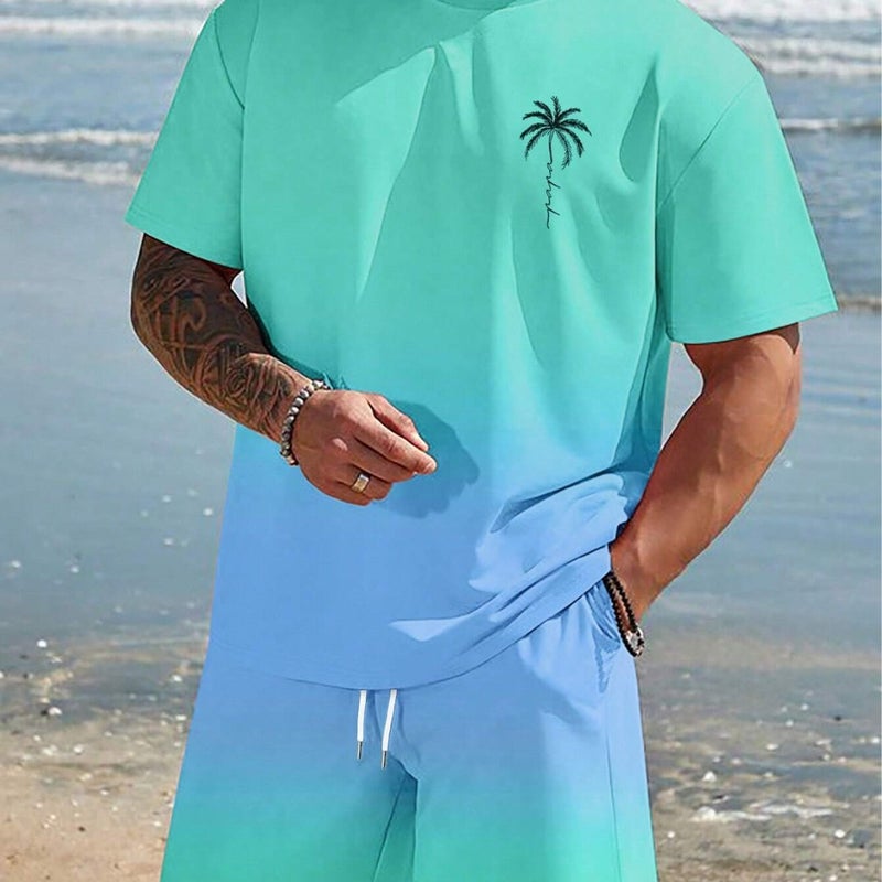 Casual Suit Men'S Sports Summer Short-Sleeved Shorts Trendy Gradient Coconut Tree Men'S Me2-Ma1 - Image 5